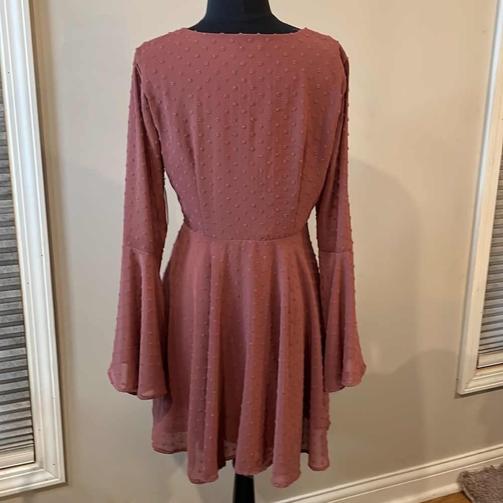 Altar’d State “Gigi” Dress. Chiffon Dots Sheath Dress W/Bell sleeves. Berry - Picture 6 of 12